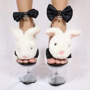 Furry Bunny Platform Heels with Black Bows, skirt, top and playboy purse